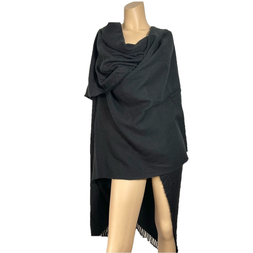 Vintage 90s Lord & Taylor Chic Black Fringed Detail Shawl Scarf Wrap 58 x 30